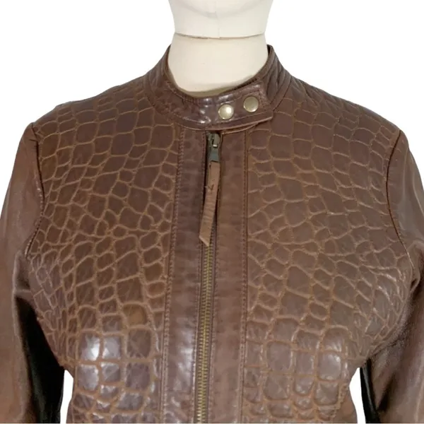 Burns 1876 Leather Embossed Zip Up Jacket Brown Size Small - Image 6
