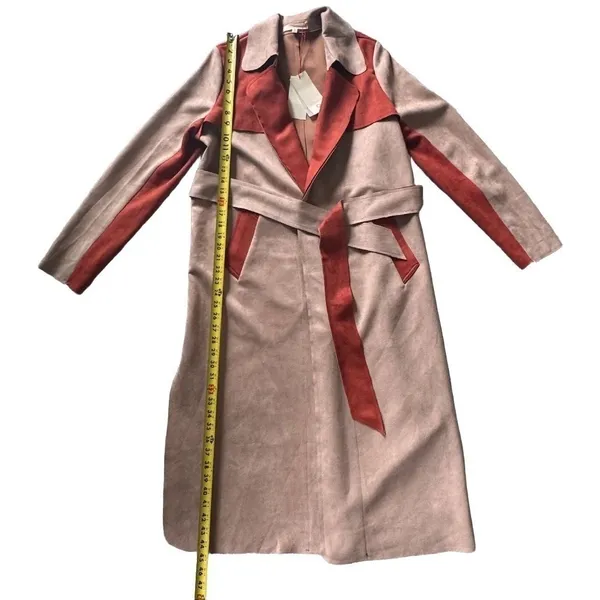 NWT Solitaire Faux Suede Trench Coat Boho Peach Rust Orange Duster Belted Size M - Image 5