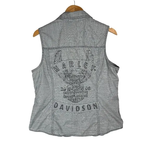 Harley Davidson Y2K Button Down Shirt Vest Sz XL Grey Graphic Back - Image 2