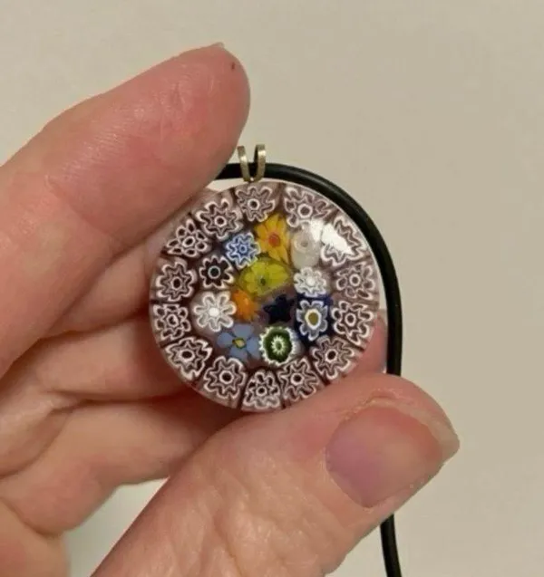 Millefiori Glass Charm Pendant Necklace Vintage “Dahlia” Leather Strand Italian Classi - Image 7