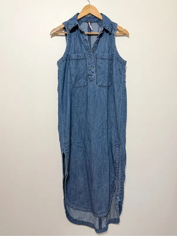Free People Midi Denim Dress Size XS Belted Blue Summer Long Sleeveless - Image 2