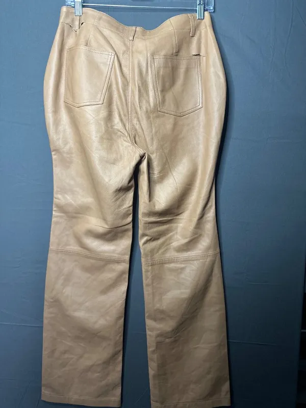 Camila Coelho Womens M 100% Lamb Leather Pants NWT Snap Detail Tan FLAWED - Image 5