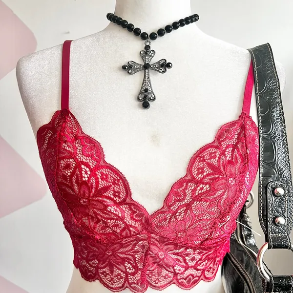 Red Lace Bralette, Coquette Y2K Lingerie Romantic‎ Goth Medium Grunge Retro - Image 2