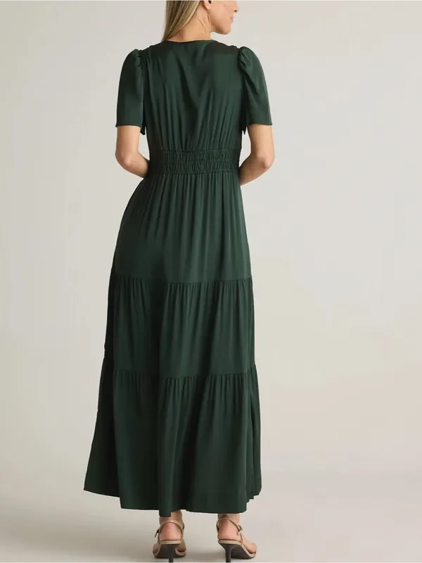 Quince Washable Stretch Silk Tiered Maxi Dress Hunter Green XL Pockets - Image 2