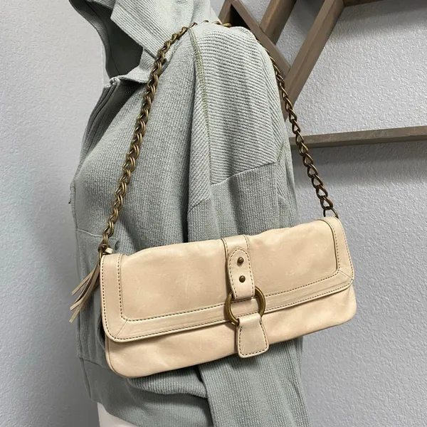 Express Cream Shoulder Bag Faux Leather Gold Chain Strap Boho Chic Parisian Euro - Image 2