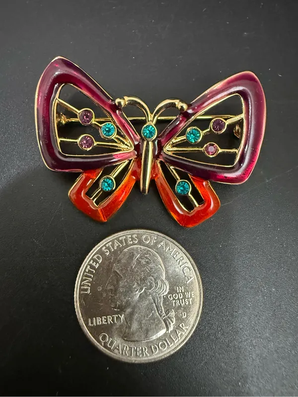 Vintage Gold-tone Red/Plum Butterfly Brooch - Image 2