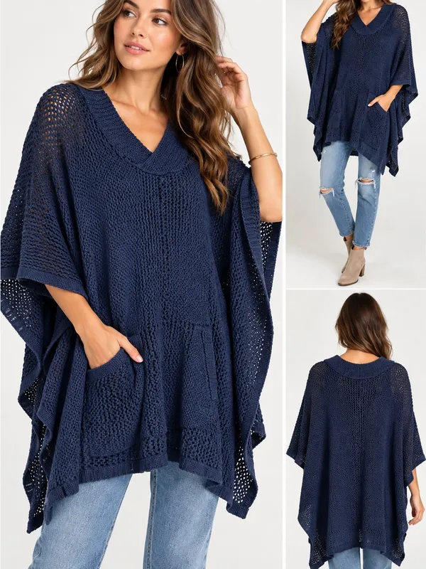 L’ogan Navy Blue Open Knit Oversized Poncho Sweater V Neck. Size One Size - Image 2