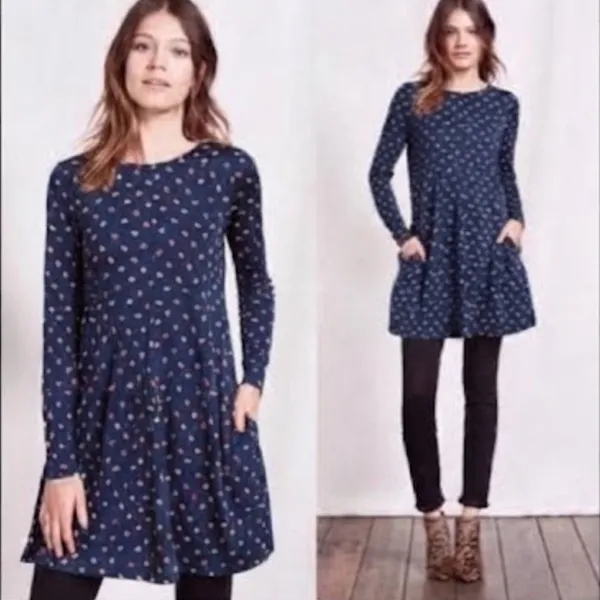 BODEN‎ | Woman's Blue Polka Dot Confetti Long Sleeve Swing Tunic Mini Dress, 8R - Image 2
