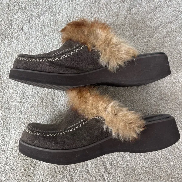 Yellow Box Brown Suede Slip On Clogs Faux Fur Trim Y2K Retro Platform - Image 5