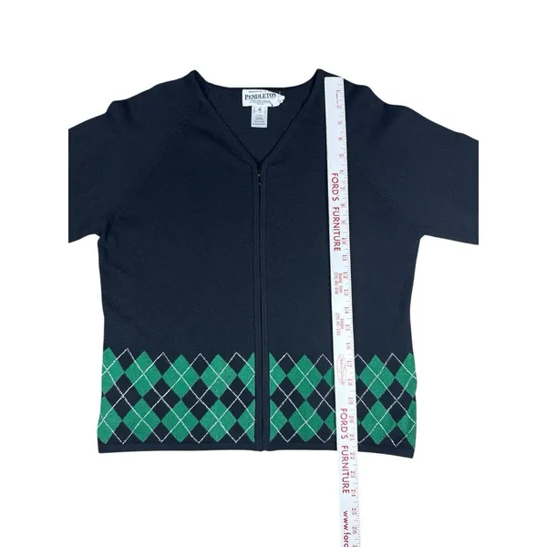 Vintage Pendleton Black Cardigan Sweater Full Zip Green Argyle Silk Blend MP - Image 5