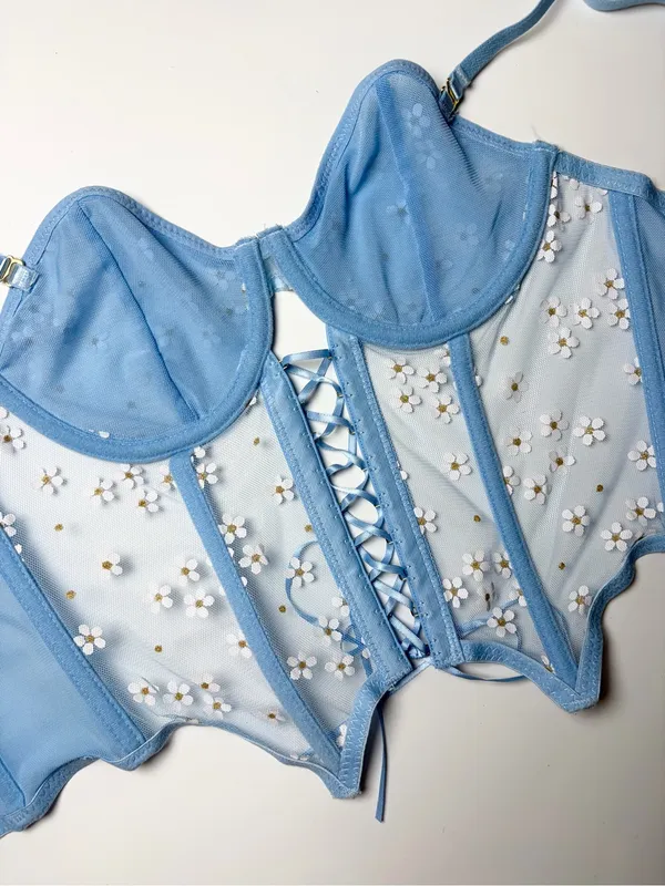 Lace Fairycore Romantic Corset Bustier Cami Top Size Small Blue Daisy Floral - Image 9