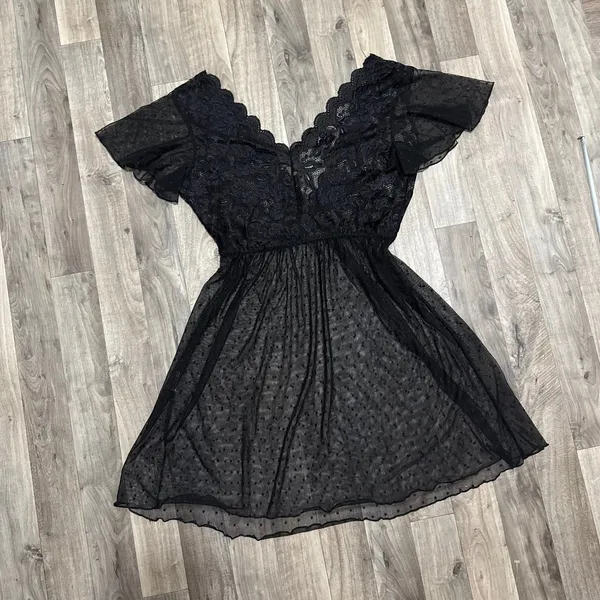 Vintage Y2K Black Sheer Swiss Dot Lace Flutter Sleeve Mini Slip Dress M - Image 2