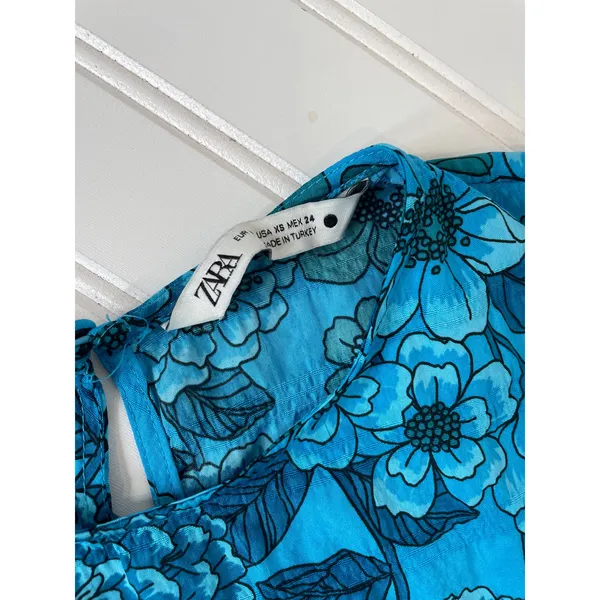 Zara Blue Floral Flounce Dress Tiered Mini Summer Resort Casual Short Size XS - Image 7