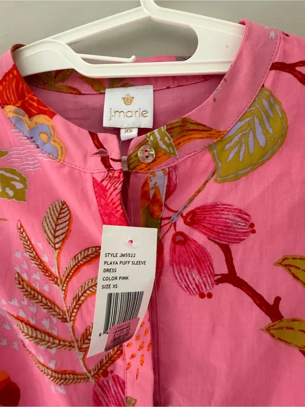 NWT J. Marie Pink Tropical Bird Print Puff Sleeve Mini Dress XS - Image 4