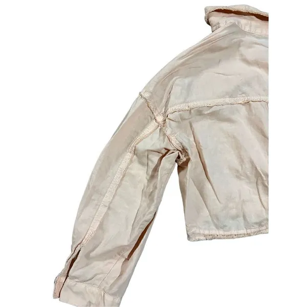 Zara Cropped Linen‎ Blend Jacket Peach Pink Frayed Raw Hem Utility sz M - Image 12
