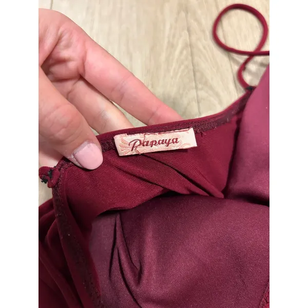Papaya Burgundy Ruched Bodycon Mini‎ Dress Side Ruffle Spaghetti Strap Red Small - Image 6