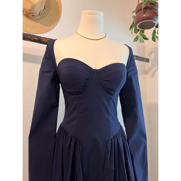 Marthea Navy Blue Corset Long Sleeve Midi Summer Dress Size XS - Image 2
