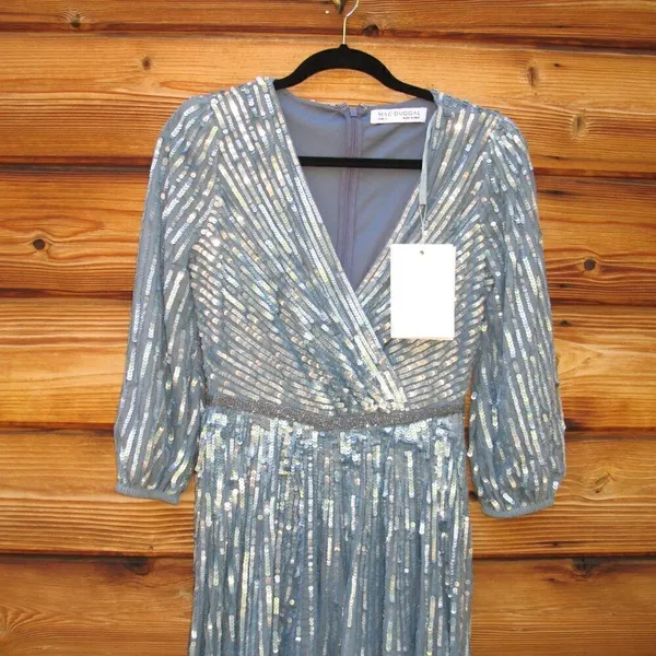 Mac Duggal Size 4 Blue Sequin Wrap Over 3/4 Sleeve Maxi Dress Gown - Image 6