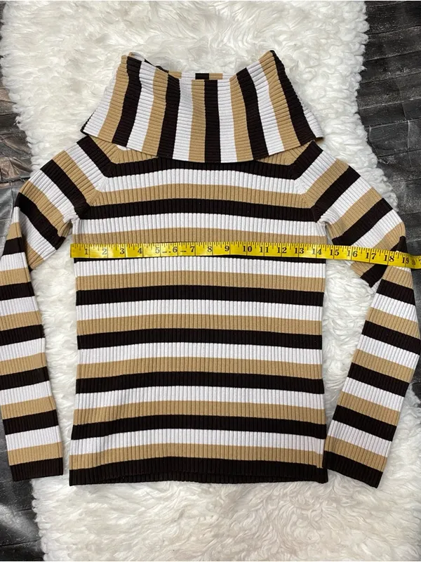 J Crew Brown Tan Striped Fold Over Turtleneck Ribbed Sweater Alt Y2k Fall Chic - Image 3