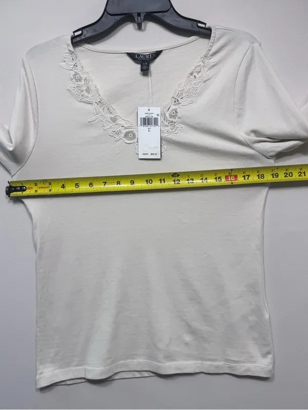 Lauren ralph lauren Lace-Trim Stretch Cotton 3/4 sleeve Top size large nwt - Image 4