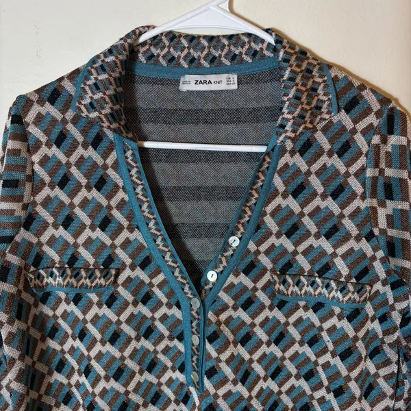 Zara Knit Jacquard‎ Dress Long Sleeve Geometric Print Mini Teal Brown Size Small - Image 3