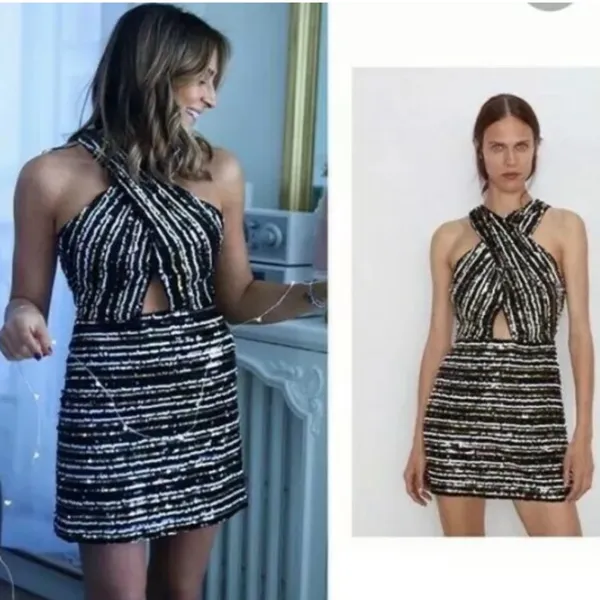 Zara SEQUIN WRAP MINI DRESS BLACK/WHITE/GOLD SIZE S NEW - Image 2