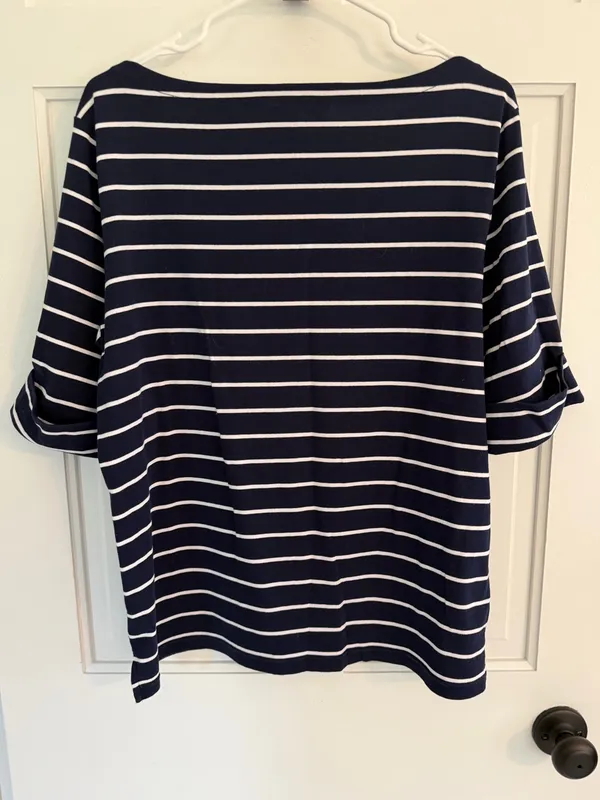 Lauren Ralph Lauren Navy White Striped Bell‎ Sleeve Boat Neck Top M - Image 3