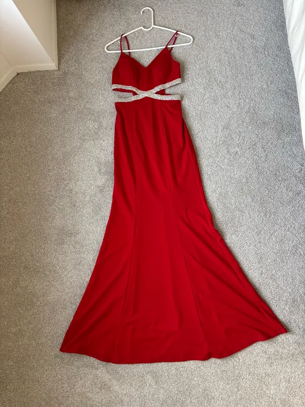 Red David's Bridal Prom Dress Long - Image 2