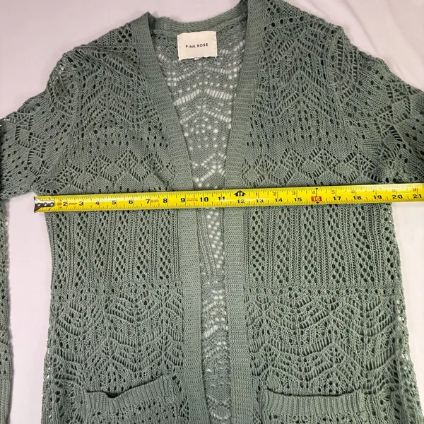 Pink Rose Sage Green Open Knit Longline Cardigan Duster with Pockets - Image 6
