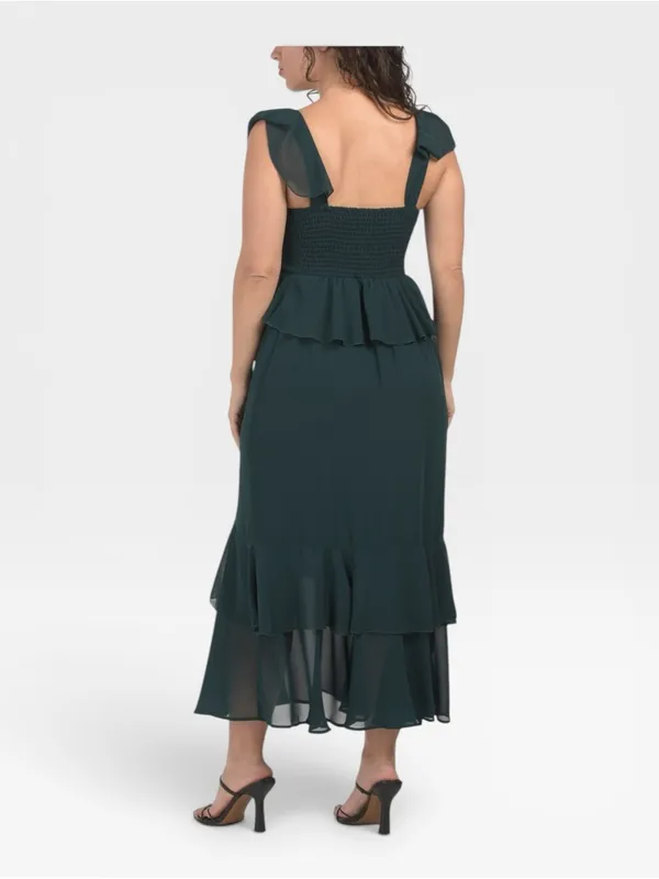 Show Me Your Mumu Reese Ruffle Emerald Green Satin Midi Dress XXS NWT - Image 3