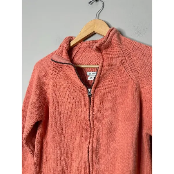 LL Bean Womens Sweater Medium Full Zip Cardigan Peach Mock Neck Cotton Outdoor‎ - Image 2