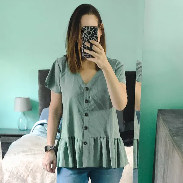 Sage Green Peplum Button‎ Down V-Neck Short Sleeve Top Blouse Womens - Image 2