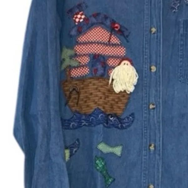 Vintage Santa Claus Embroidered Denim Button-Down Whimsical Folk‎ Art Haiks Med - Image 3