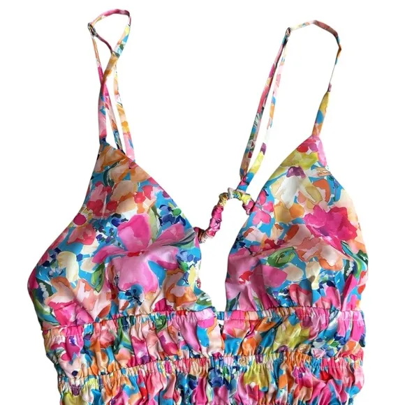White Fox Women’s Size M Plunge Neck Playsuit Romper Floral Tropical Resort‎ - Image 3