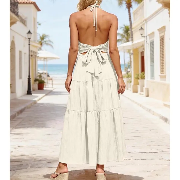 Womens Cream Halter Neck Open Back Tiered Maxi Dress Small Boho Beach Vacation - Image 2