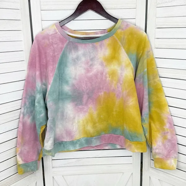 Paper‎ Crane Tie Dye Cropped Sweatshirt Pink Yellow Teal Large Boho Hippie - Image 7