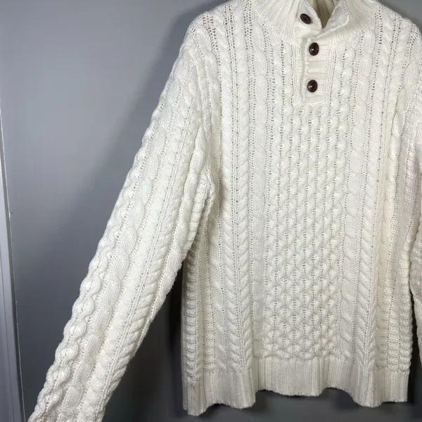 Cable-Knit Ivory‎ Mockneck Cotton Blend Fisherman Sweater Size M Neutral Minimal - Image 4