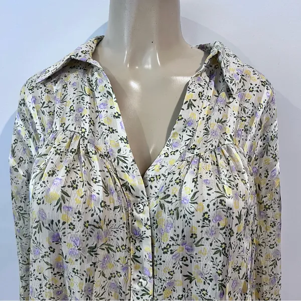 Zara Floral Blouse Sz L Loose Long Sleeve Striped Satin Chiffon - Image 2