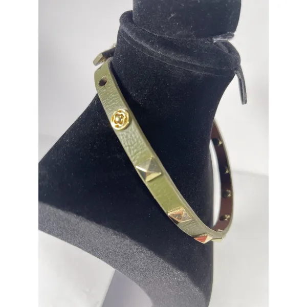 Olive Green Leather Studded Choker Necklace Gold Tone Pyramid Studs 15.5” - Image 6