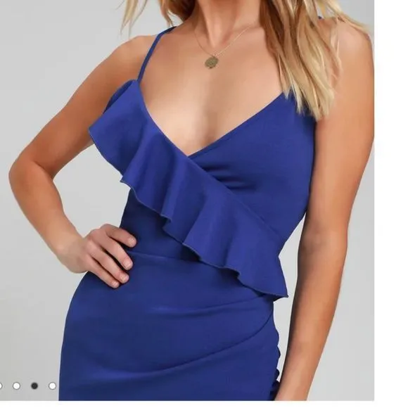 Lulus Keep on Flourishing Blue Ruffled Asymmetrical‎ Bodycon Dress XL - Image 3