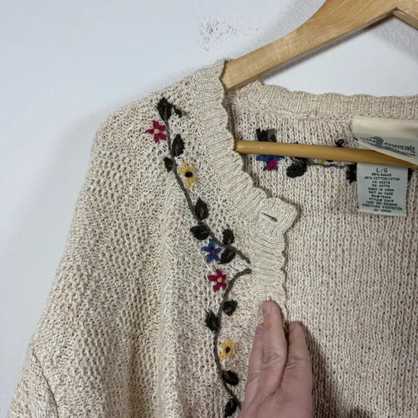 VINTAGE Cottage Essentials Women’s Chunky Knit Floral Cardigan Beige Multi L - Image 3