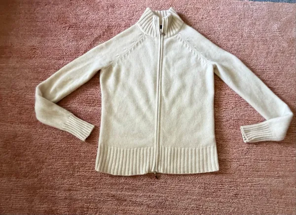 Lord & Taylor Washable 2-Ply Cashmere Full Zip Sweater Petite M Cream - Image 2