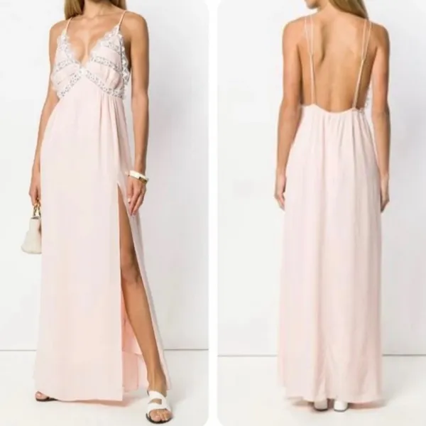 For Love & Lemons lovebird blush Pink Maxi nightgown lace Dress L - Image 4