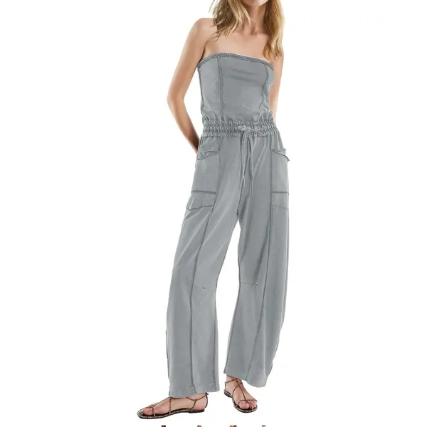 LAMISSCHE Romper‎ Gray Strapless Wide Leg Jumpsuit Casual Sleeveless Pockets - Image 2