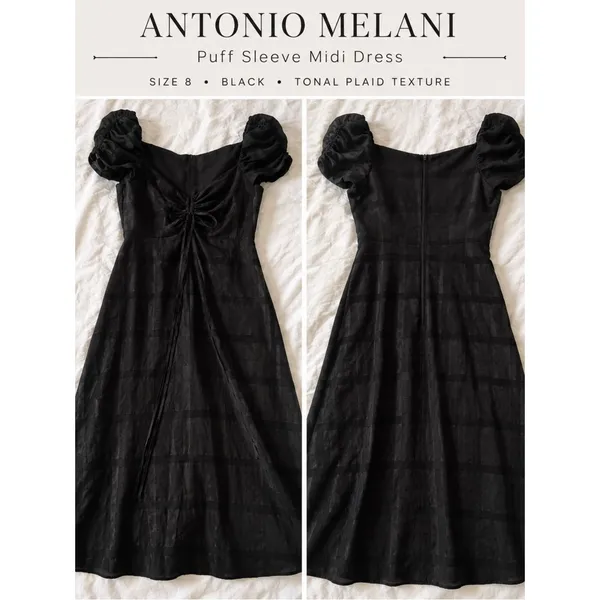Antonio Melani Black Tonal Plaid Puff Sleeve Ruched Midi Dress Size 8 - Image 2