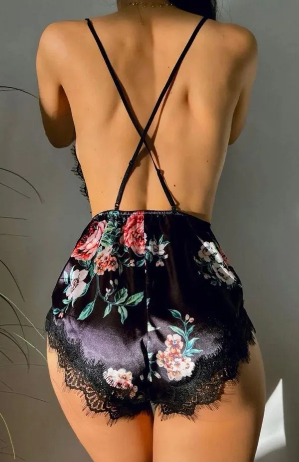 SheIn Lingerie FLORAL print Satin Lace Trim Teddy bodysuit New(M) - Image 2