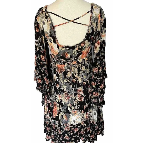 Free People Mini Dress Sz XS Heart Of Gold Dark Floral Boho Bell Sleeve Fairy - Image 11