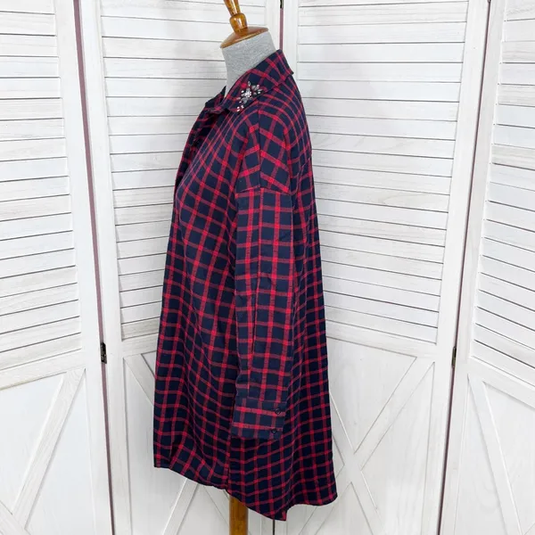 Zara Plaid Beaded Collar Oversized Pullover‎ Tunic Shirt Dress Red Blue XS - Image 3