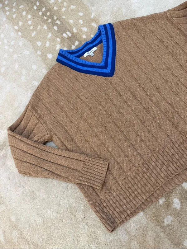 Madewell Tipped V-Neck Oversized Wool Blend Sweater XS Heather Caramel Blue - Image 6