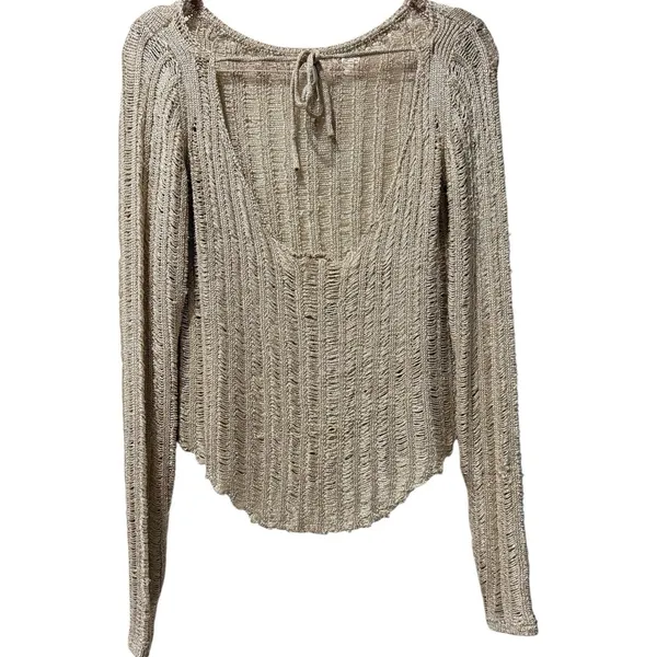 Free People Let's Dance Long Sleeve Open Back‎ Ladder Gold Knit Sweater XS New - Image 4